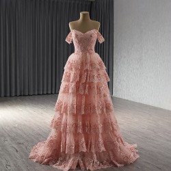 A Line Pink Prom Dresses Tiered Women Evening Dress Off Shoulder Formal Party Gowns