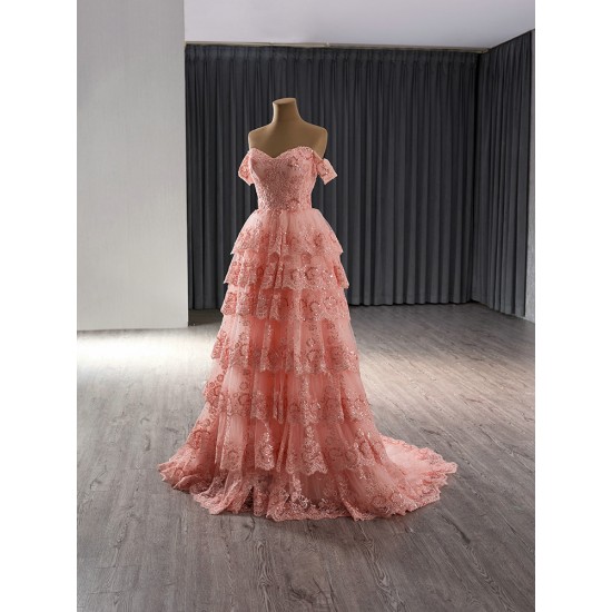 A Line Pink Prom Dresses Tiered Women Evening Dress Off Shoulder Formal Party Gowns