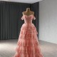 A Line Pink Prom Dresses Tiered Women Evening Dress Off Shoulder Formal Party Gowns