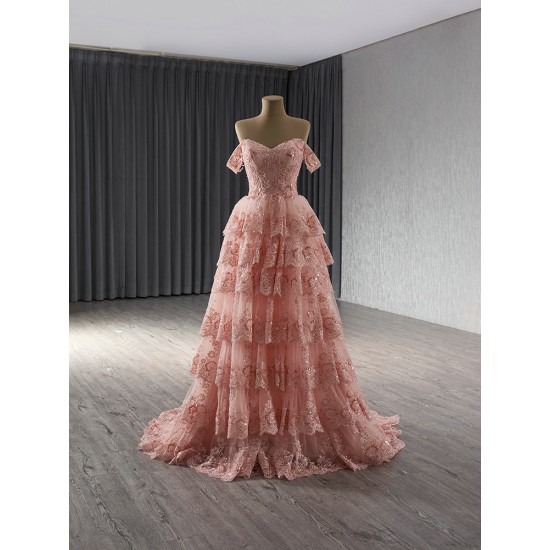 A Line Pink Prom Dresses Tiered Women Evening Dress Off Shoulder Formal Party Gowns