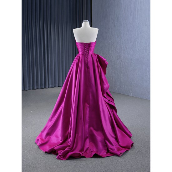 A Line Purple Satin Prom Dresses Sleeveless Women Evening Gowns Strapless Formal Party Dress