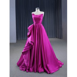 A Line Purple Satin Prom Dresses Sleeveless Women Evening Gowns Strapless Formal Party Dress