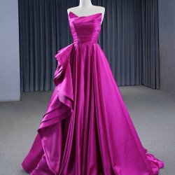 A Line Purple Satin Prom Dresses Sleeveless Women Evening Gowns Strapless Formal Party Dress