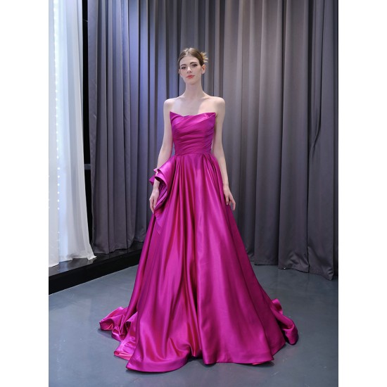 A Line Purple Satin Prom Dresses Sleeveless Women Evening Gowns Strapless Formal Party Dress