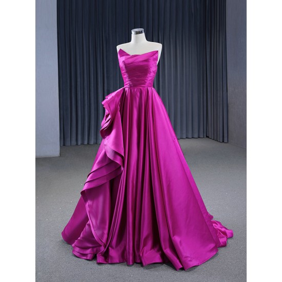 A Line Purple Satin Prom Dresses Sleeveless Women Evening Gowns Strapless Formal Party Dress