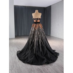 A Line Tulle Black Prom Dresses Strapless Women Formal Evening Party Gowns