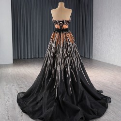 A Line Tulle Black Prom Dresses Strapless Women Formal Evening Party Gowns