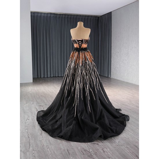 A Line Tulle Black Prom Dresses Strapless Women Formal Evening Party Gowns