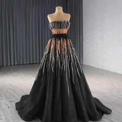 A Line Tulle Black Prom Dresses Strapless Women Formal Evening Party Gowns