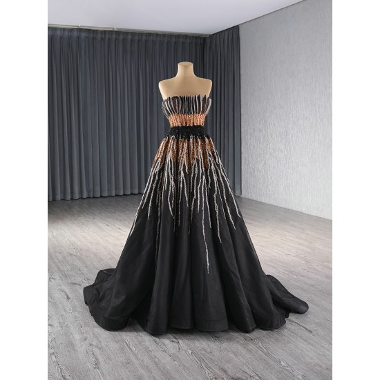 A Line Tulle Black Prom Dresses Strapless Women Formal Evening Party Gowns