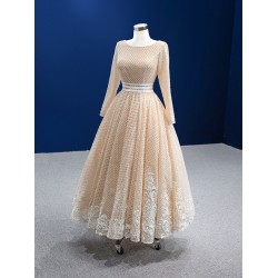 A Line Tulle Champagne Formal Party Dresses For Women Long Sleeve Length Prom Evening Gowns Wedding Party Dress