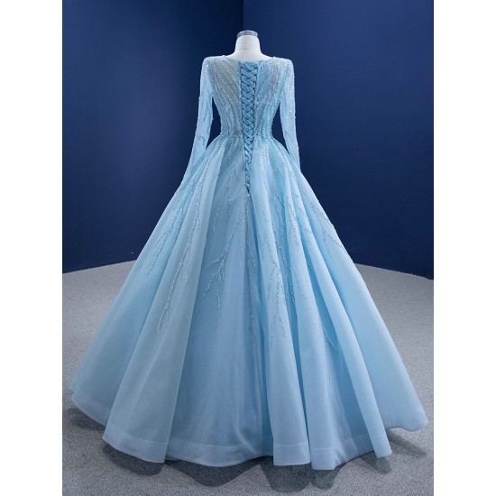 A Line Tulle Ice Blue Prom Dresses Women Long Sleeves Formal Evening Party Dress Special Occasion Gowns