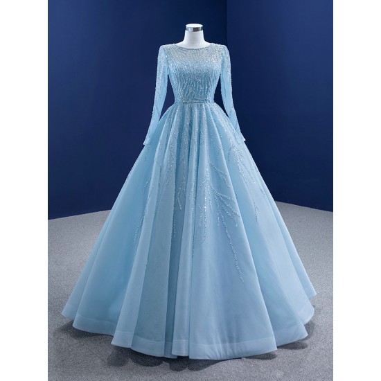 A Line Tulle Ice Blue Prom Dresses Women Long Sleeves Formal Evening Party Dress Special Occasion Gowns