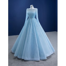 A Line Tulle Ice Blue Prom Dresses Women Long Sleeves Formal Evening Party Dress Special Occasion Gowns