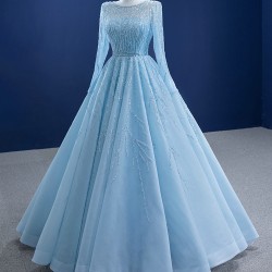 A Line Tulle Ice Blue Prom Dresses Women Long Sleeves Formal Evening Party Dress Special Occasion Gowns