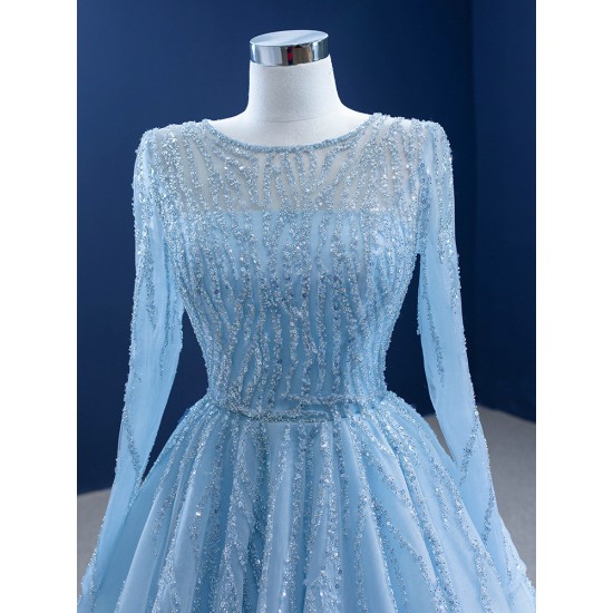 A Line Tulle Ice Blue Prom Dresses Women Long Sleeves Formal Evening Party Dress Special Occasion Gowns