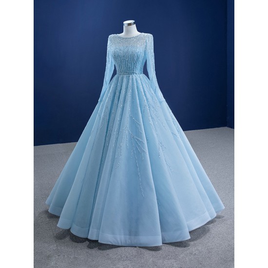 A Line Tulle Ice Blue Prom Dresses Women Long Sleeves Formal Evening Party Dress Special Occasion Gowns