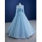 A Line Tulle Ice Blue Prom Dresses Women Long Sleeves Formal Evening Party Dress Special Occasion Gowns