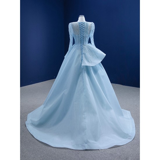 A Line Tulle Long Women Prom Gowns Gray Blue Formal Party Dress Long Sleeve Evening Dress Customized