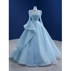 A Line Tulle Long Women Prom Gowns Gray Blue Formal Party Dress Long Sleeve Evening Dress Customized