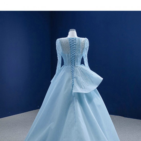 A Line Tulle Long Women Prom Gowns Gray Blue Formal Party Dress Long Sleeve Evening Dress Customized