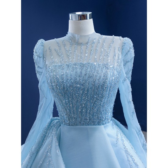 A Line Tulle Long Women Prom Gowns Gray Blue Formal Party Dress Long Sleeve Evening Dress Customized