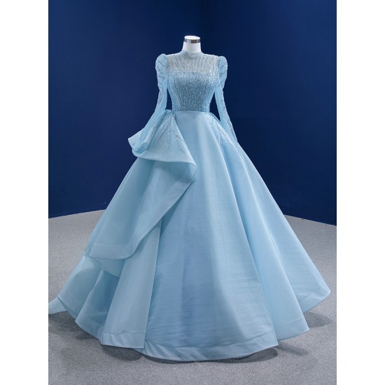 A Line Tulle Long Women Prom Gowns Gray Blue Formal Party Dress Long Sleeve Evening Dress Customized