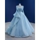 A Line Tulle Long Women Prom Gowns Gray Blue Formal Party Dress Long Sleeve Evening Dress Customized