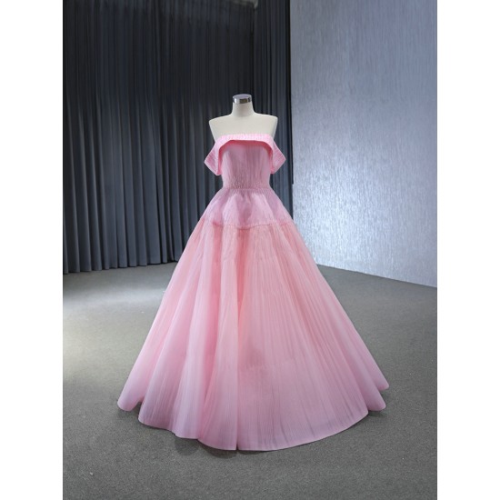 A Line Tulle Pink Prom Dresses Strapless Women Formal Evening Party Gowns Birthday Party Dress