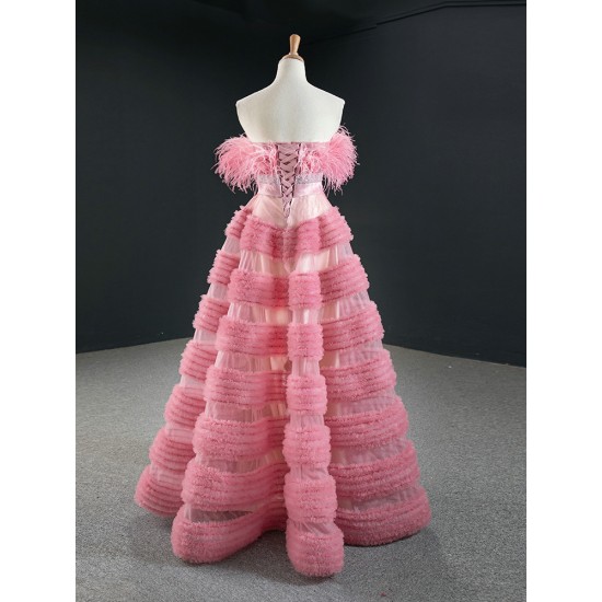 A Line Tulle Pink Prom Dresses Tiered Women Formal Evening Party Wear