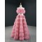 A Line Tulle Pink Prom Dresses Tiered Women Formal Evening Party Wear