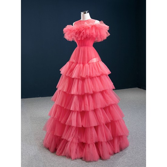 A Line Watermelon Party Prom Dresses Chiffon Girl Women Dress Tiered Evening Dress