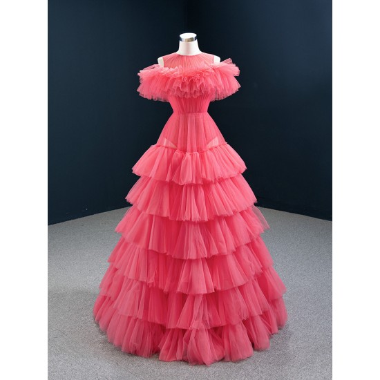 A Line Watermelon Party Prom Dresses Chiffon Girl Women Dress Tiered Evening Dress