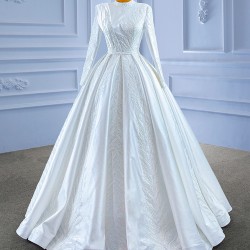 A Line Wedding Dress Long Sleeve Wedding Gown High Neck Beading Robe De Mariee