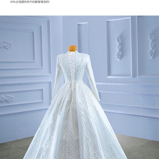 A Line Wedding Dress Long Sleeve Wedding Gown High Neck Beading Robe De Mariee