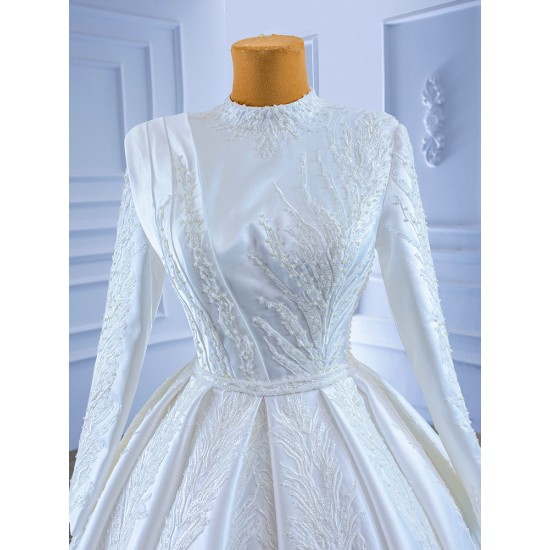 A Line Wedding Dress Long Sleeve Wedding Gown High Neck Beading Robe De Mariee