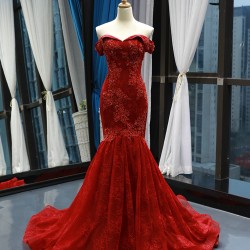 African Red Mermaid Sexy Evening Dresses 2024 Off Shoulder Formal Dress Lace Appliques Prom Party Gowns For Women