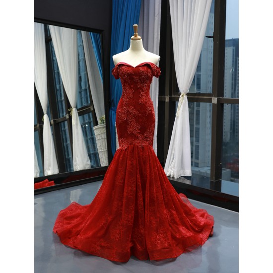 African Red Mermaid Sexy Evening Dresses 2024 Off Shoulder Formal Dress Lace Appliques Prom Party Gowns For Women