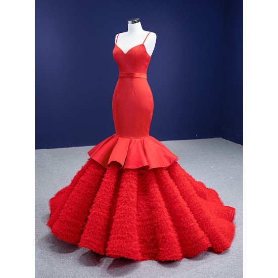 Arabic Red Mermaid Evening Dresses Ruffled Spaghetti Strap Prom Party Gowns