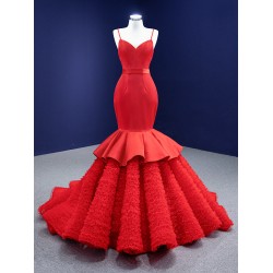 Arabic Red Mermaid Evening Dresses Ruffled Spaghetti Strap Prom Party Gowns