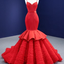 Arabic Red Mermaid Evening Dresses Ruffled Spaghetti Strap Prom Party Gowns