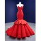 Arabic Red Mermaid Evening Dresses Ruffled Spaghetti Strap Prom Party Gowns