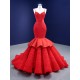 Arabic Red Mermaid Evening Dresses Ruffled Spaghetti Strap Prom Party Gowns