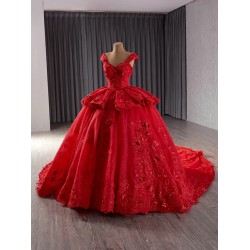 Ball Gown 3D Flower Lace Applique Red Quinceanera Dress Sleeveless Sweet 16 Gown Birthday Vestido De 15 XV Anos