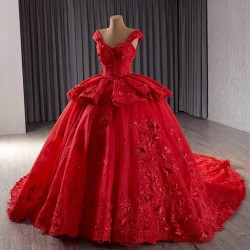 Ball Gown 3D Flower Lace Applique Red Quinceanera Dress Sleeveless Sweet 16 Gown Birthday Vestido De 15 XV Anos