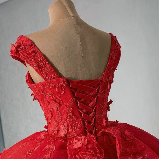 Ball Gown 3D Flower Lace Applique Red Quinceanera Dress Sleeveless Sweet 16 Gown Birthday Vestido De 15 XV Anos