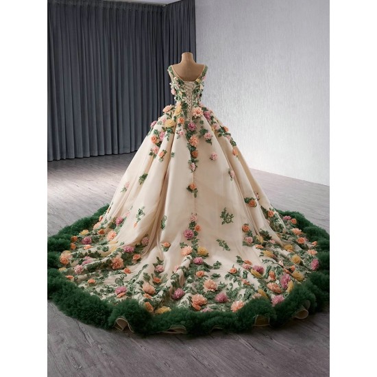 Ball Gown Champagne Quinceanera Dress 3D Flowers Sleeveless Sweet 16 Gowns Birthday Vestidos De 15 XV Anos