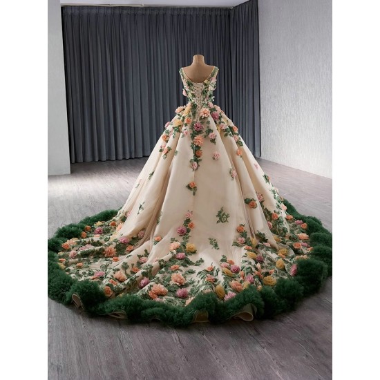 Ball Gown Champagne Quinceanera Dress 3D Flowers Sleeveless Sweet 16 Gowns Birthday Vestidos De 15 XV Anos