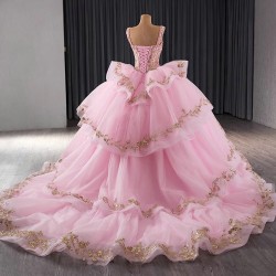 Ball Gown Pink Quinceanera Dress Pearl Sequin Birthday Sweet 16 Gown Sleeveless Vestidos De 15 XV Anos