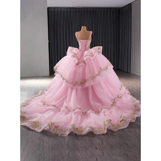 Ball Gown Pink Quinceanera Dress Pearl Sequin Birthday Sweet 16 Gown Sleeveless Vestidos De 15 XV Anos